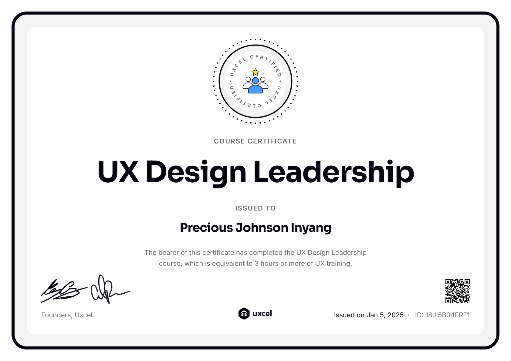 Precious Johnson Inyang's certificate